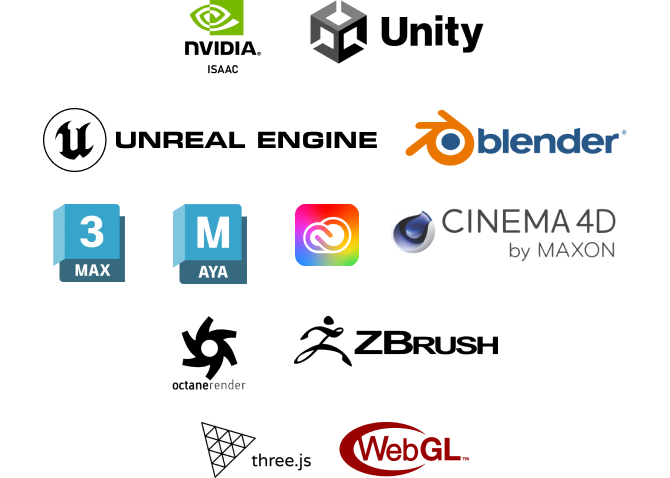 NVIDIA Isaac, Unity, Unreal Engine, Blender, 3ds Max, Maya, Cinema 4D, OctaneRender, ZBrush, three.js, WebGL 등 지원 엔진 및 소프트웨어